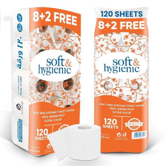 Soft & Hygienic Toilet Roll Tissue 120 Sheets 10 Rolls 2 Ply