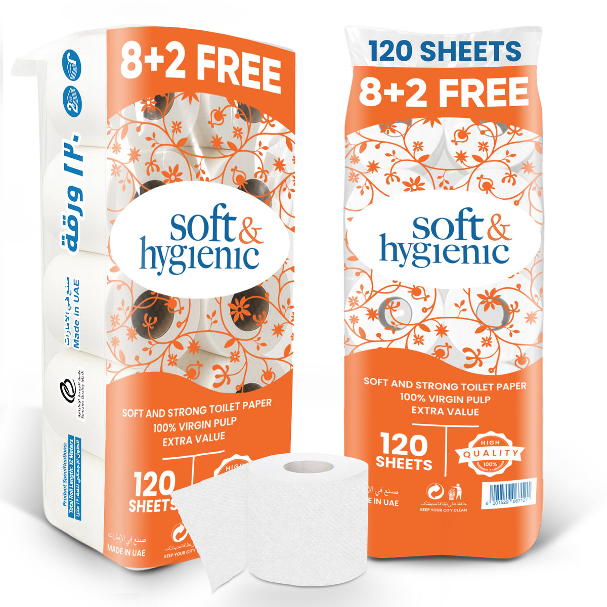 Two packages of soft and hygienic toilet paper with a roll in front on a white background
