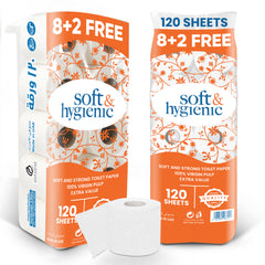 Two packages of soft and hygienic toilet paper with a roll in front on a white background