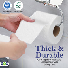 Roll of thick and durable toilet paper with ISO and FSC certification logos, and a hand holding the paper.