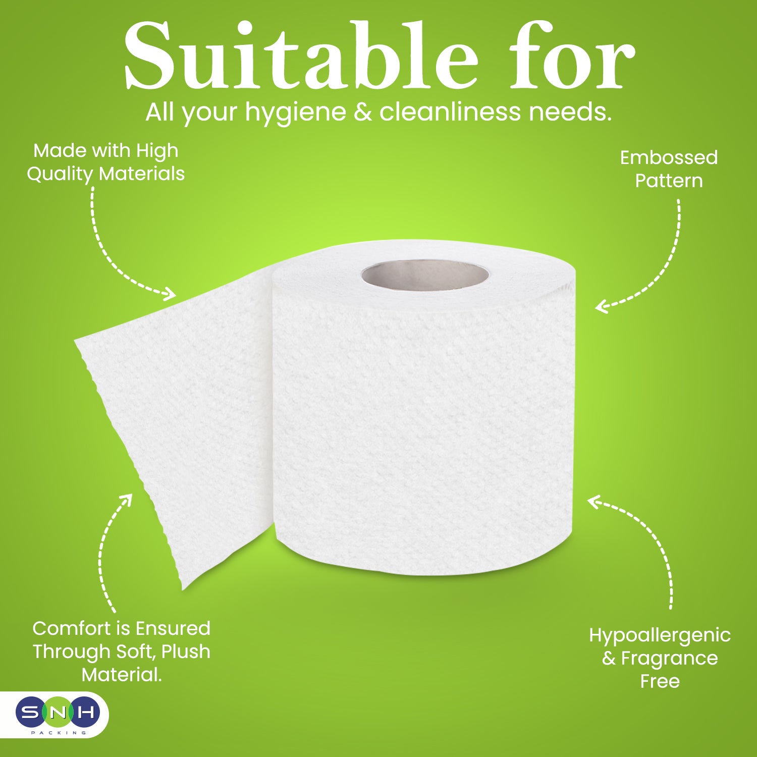 Roll of white paper towel on a green background with text highlighting features.