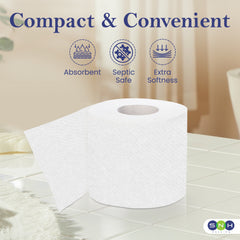 Roll of white toilet paper on a bathroom floor with 'Compact & Convenient' text and icons.