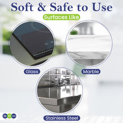 Advertisement for a product or service with images of glass, marble, and stainless steel surfaces.