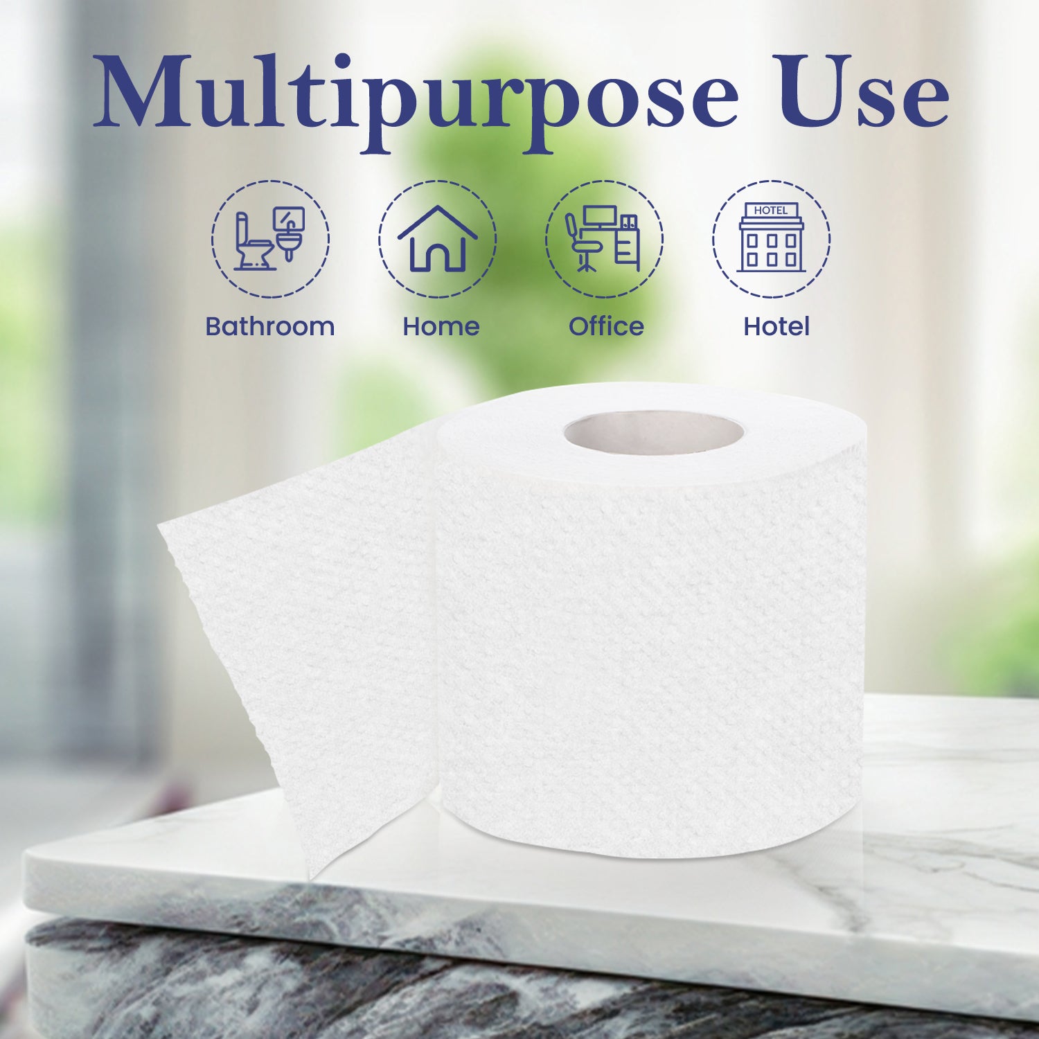 White paper towel roll on a marble surface with icons and text indicating multipurpose use.