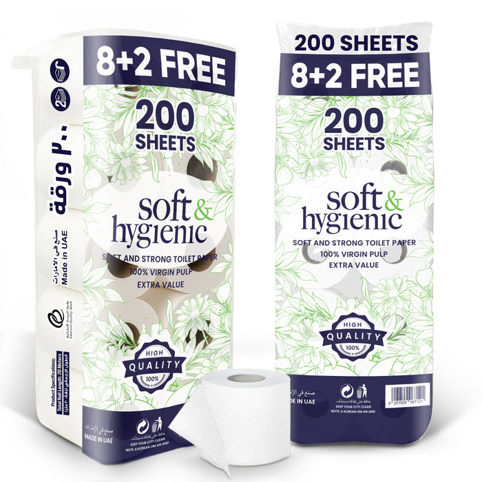 Soft & Hygienic Toilet Roll Tissue 200 Sheets 2 Ply 10 Rolls