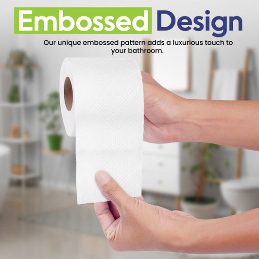 Hand holding a roll of embossed toilet paper with a blurred bathroom background