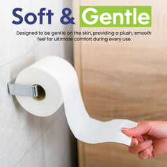 Roll of toilet paper on a holder with text about softness and gentleness.