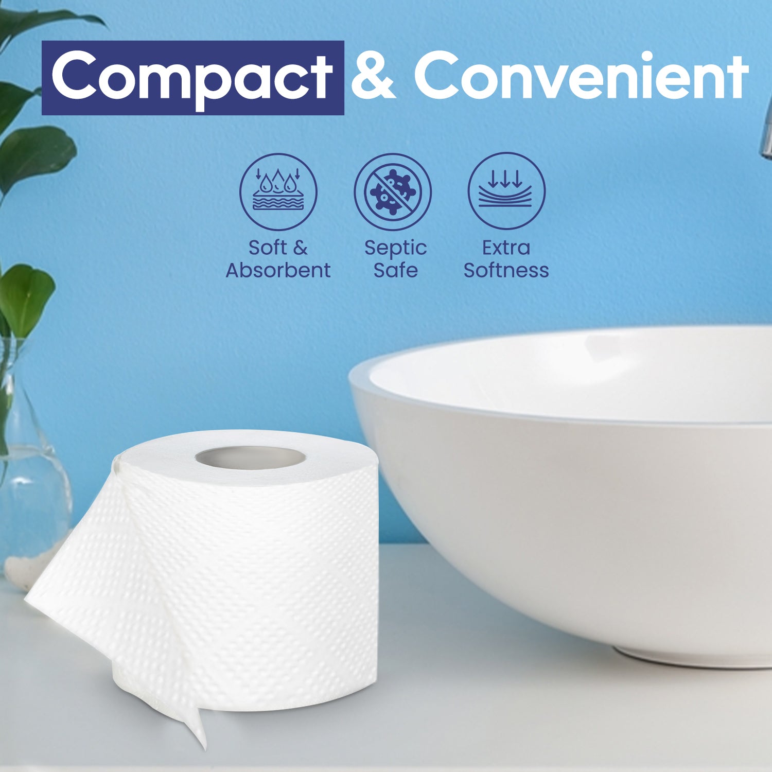 Roll of toilet paper next to a white sink with 'Compact & Convenient' text and icons on a blue background.