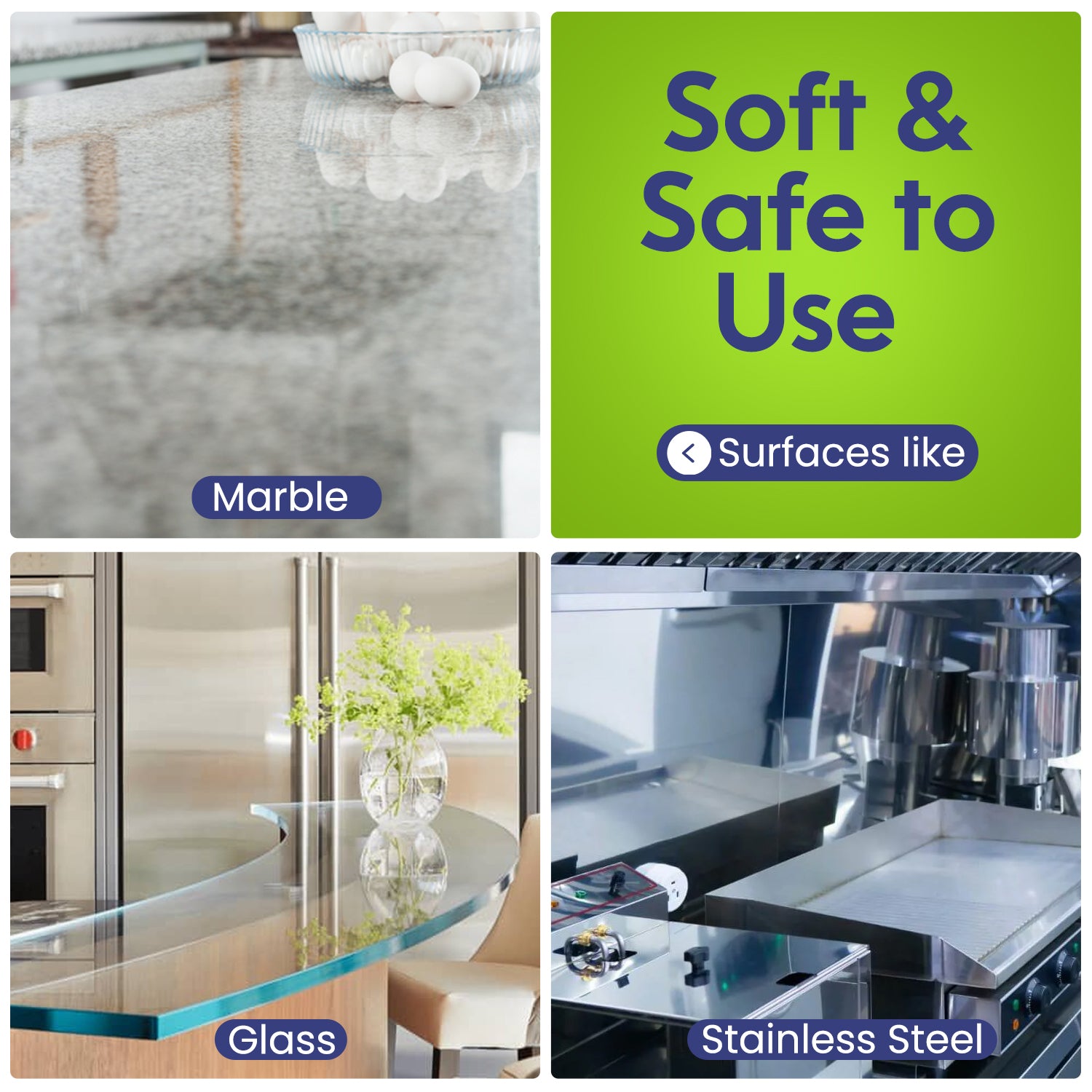 Collage of surfaces with text 'Soft & Safe to Use' and examples of marble, glass, and stainless steel.