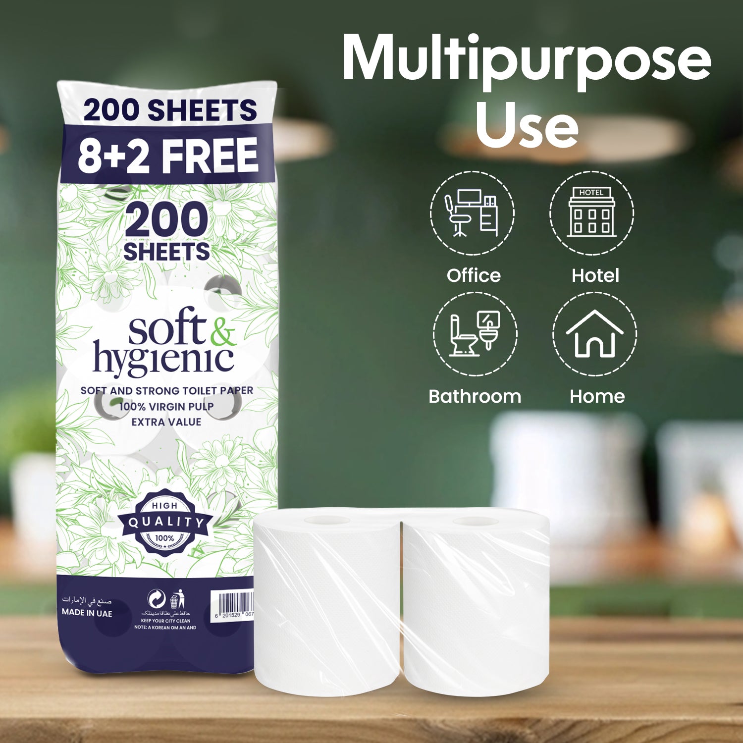 Packaging of soft and hygienic toilet paper with two rolls on a wooden surface, against a blurred background.