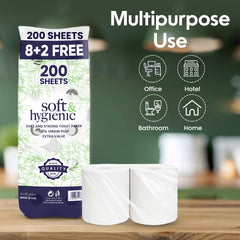Packaging of soft and hygienic toilet paper with two rolls on a wooden surface, against a blurred background.