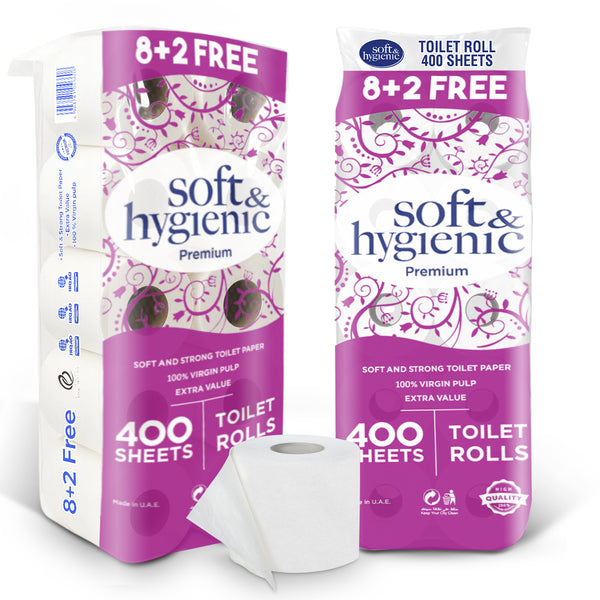 Two packages of soft & hygienic toilet paper with a roll in front on a white background