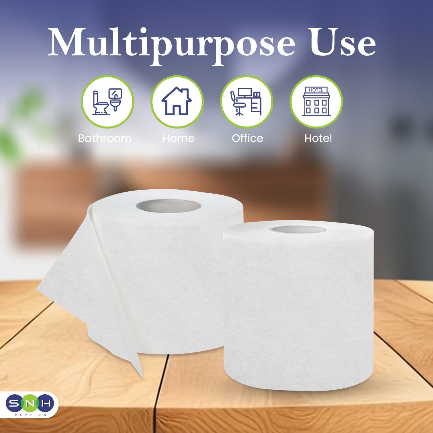 Two rolls of paper towels on a wooden surface with icons and text indicating their multipurpose use.