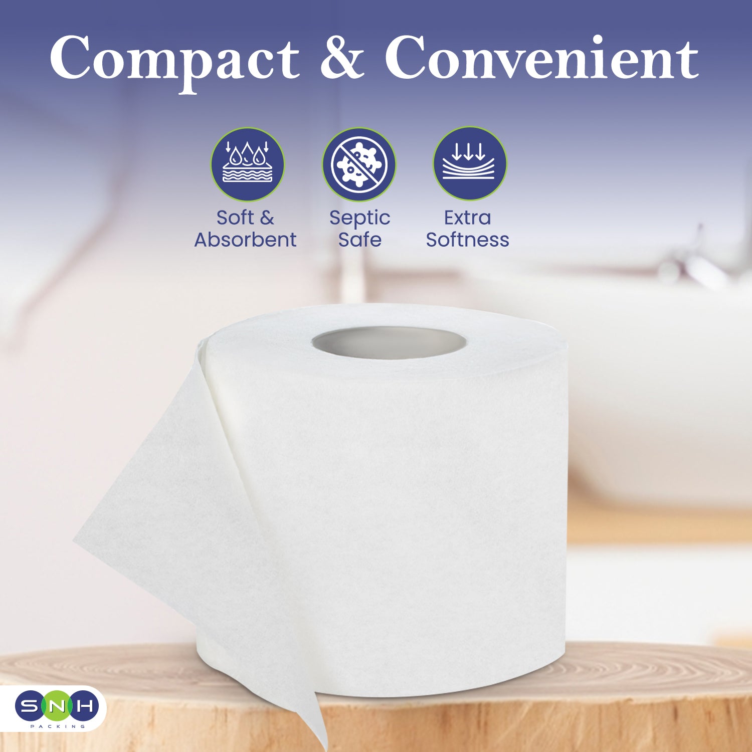 Roll of white paper towel with 'Compact & Convenient' text and icons on a blurred background