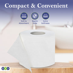 Roll of white paper towel with 'Compact & Convenient' text and icons on a blurred background