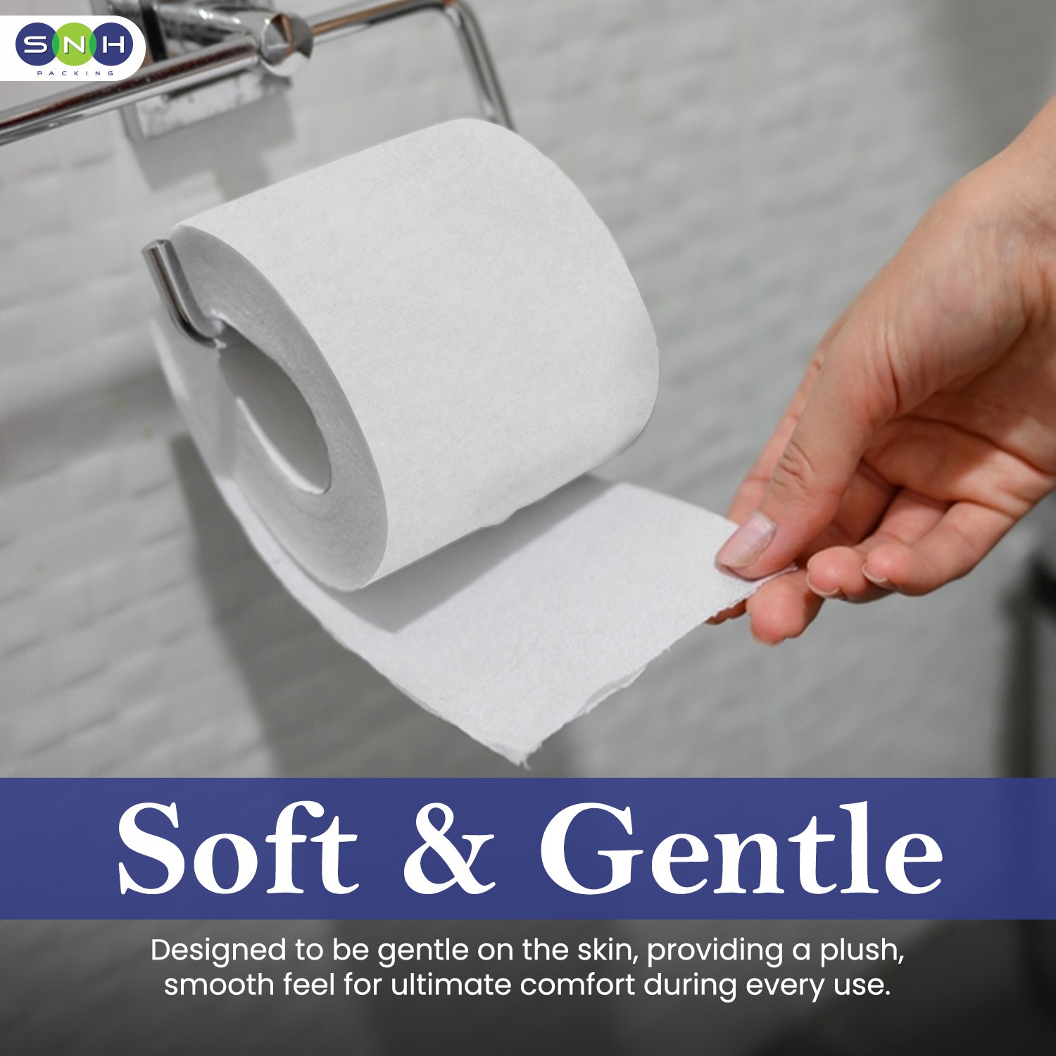 Hand holding toilet paper with text about softness and gentleness