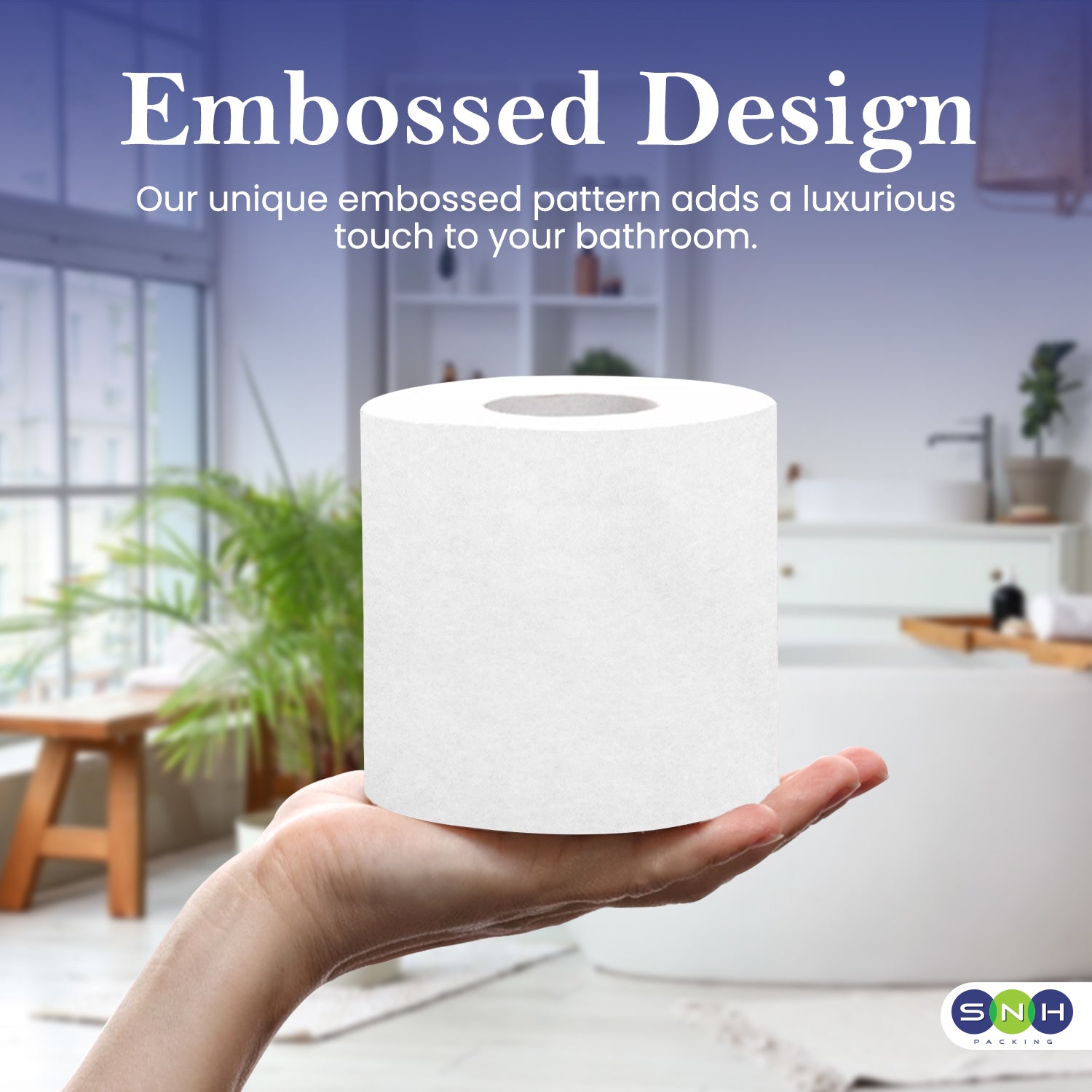 Hand holding a white cylindrical object with embossed design in a bathroom setting, featuring text about embossed pattern.