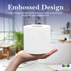 Hand holding a white cylindrical object with embossed design in a bathroom setting, featuring text about embossed pattern.