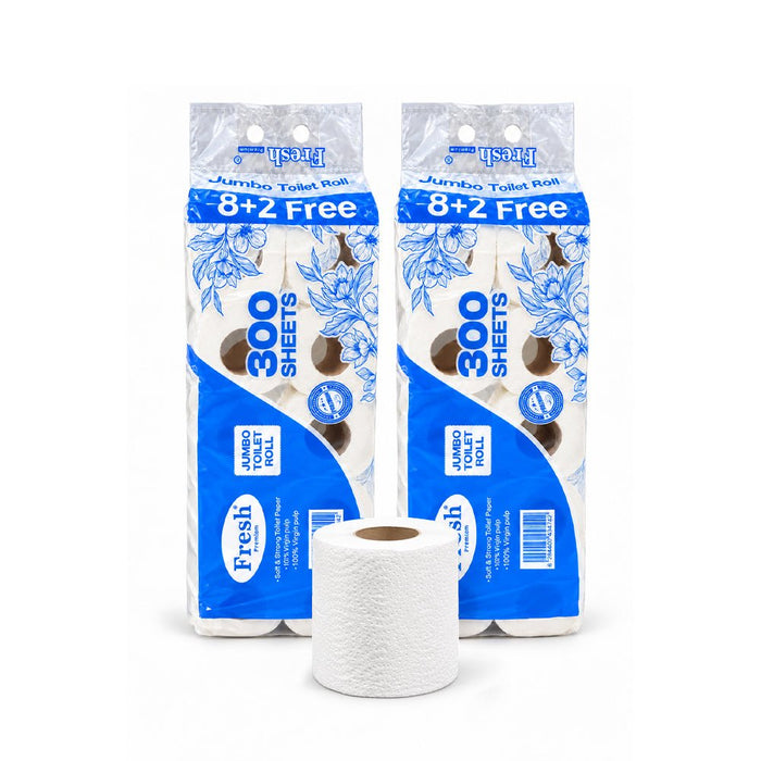 Soft & Hygienic Toilet Roll Tissue 300 Sheets 2 Ply 10 Rolls