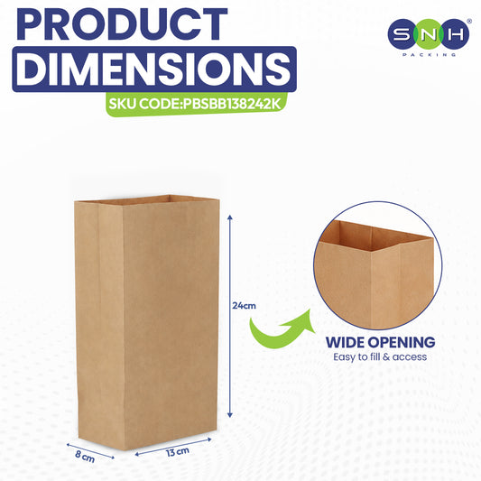 Kraft paper bag with dimensions and features on a white background