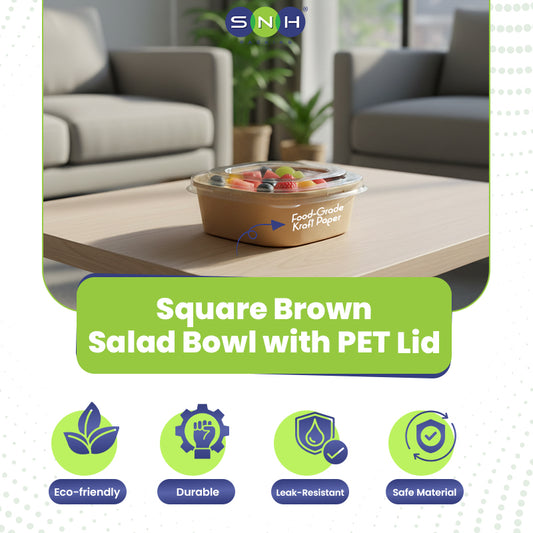 Square brown salad bowl with PET lid on a table in a living room setting, featuring SNH branding.
