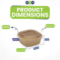 Product dimensions of a container with SNH branding 