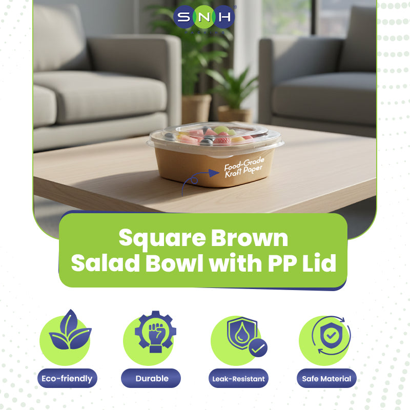 Square brown salad bowl with PP lid on a table in a living room setting, featuring SNH branding.