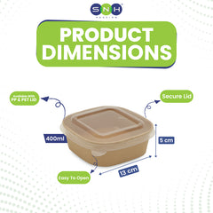 Product dimensions of a brown container with a secure lid on a white background, featuring SNH Packaging logo.