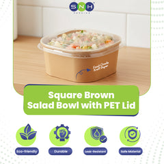 Square brown salad bowl with PET lid on a wooden surface, featuring SNH branding.