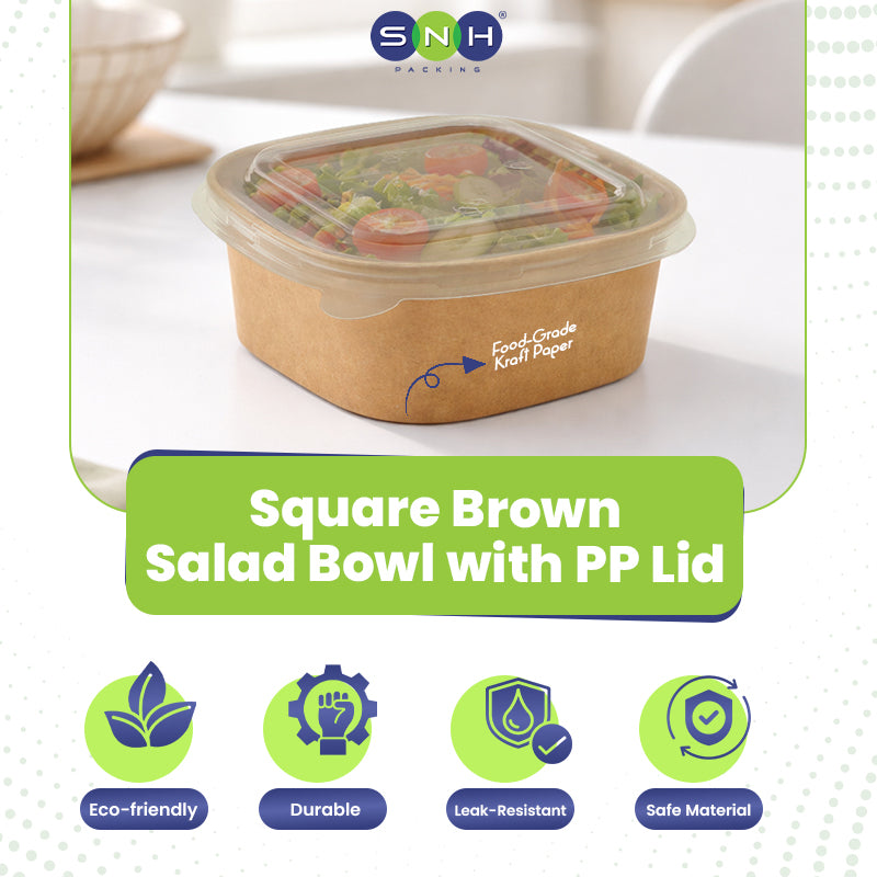 Square brown salad bowl with PP lid on a white surface, featuring SNH branding.