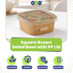 Square brown salad bowl with PP lid on a white surface, featuring SNH branding.