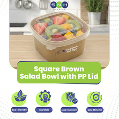Square brown salad bowl with PP lid containing fruits on a kitchen counter, branded as SNH.