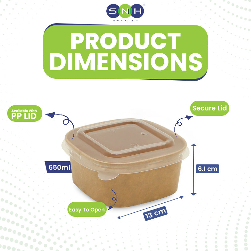 Product dimensions of a container with a brown lid and body, showing features like PP lid, secure lid, and easy to open, with 'SNH' branding.