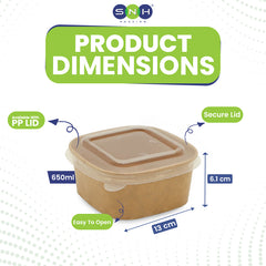 Product dimensions of a container with a brown lid and body, showing features like PP lid, secure lid, and easy to open, with 'SNH' branding.