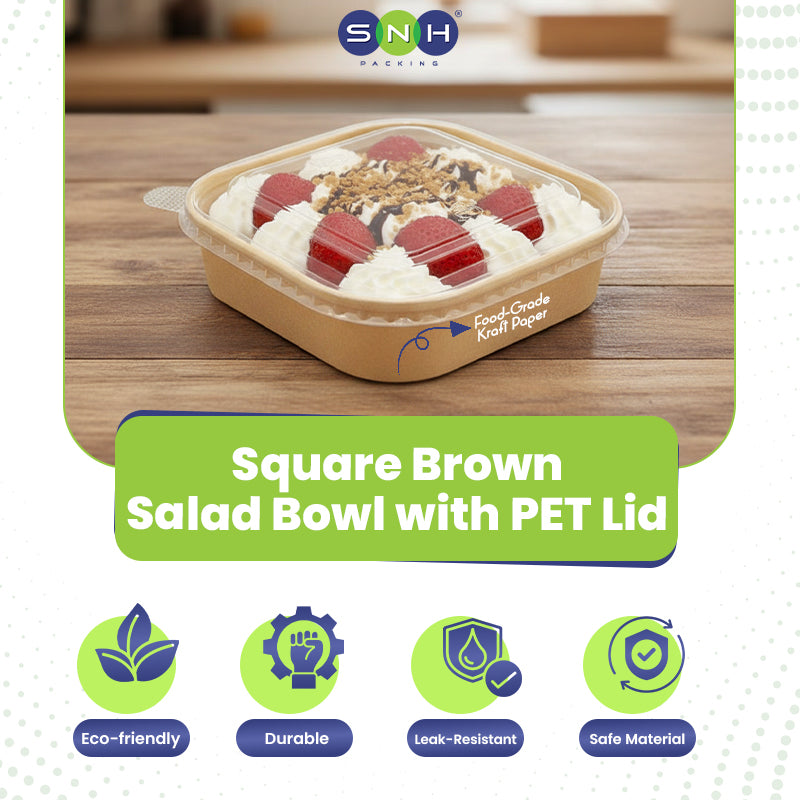 Square brown salad bowl with PET lid on a wooden surface, featuring SNH Packaging logo.