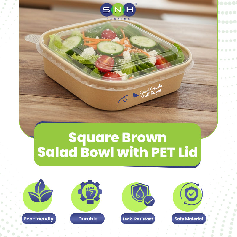 Square brown salad bowl with PET lid containing a salad on a wooden surface, with SNH branding.