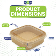 Product dimensions of a container with a lid, featuring SNH Packaging logo.