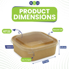 Product dimensions of a container with a clear lid, featuring SNH Packaging logo.