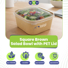 Square brown salad bowl with PET lid on a wooden surface, featuring SNH branding.