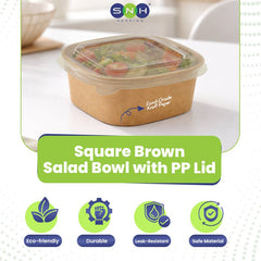 Square Brown Salad Bowls with PET PP Lids 400ml to 1400ml - SNH Packing