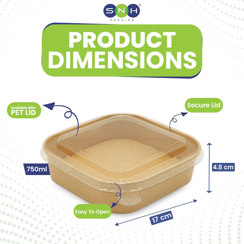 Square Brown Salad Bowls with PET PP Lids 400ml to 1400ml - SNH Packing