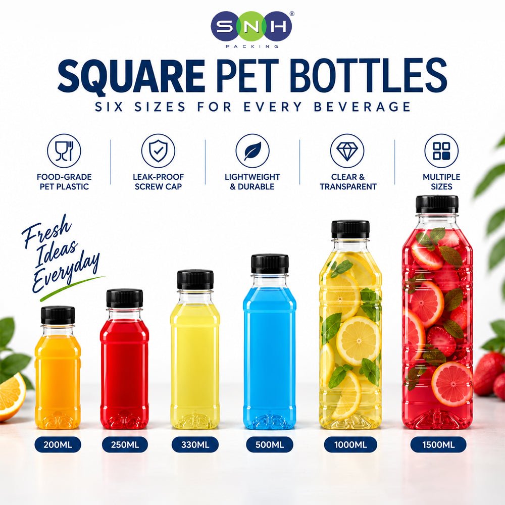 Square PET Bottles with Caps 200ML to 1500ML - SNH Packing