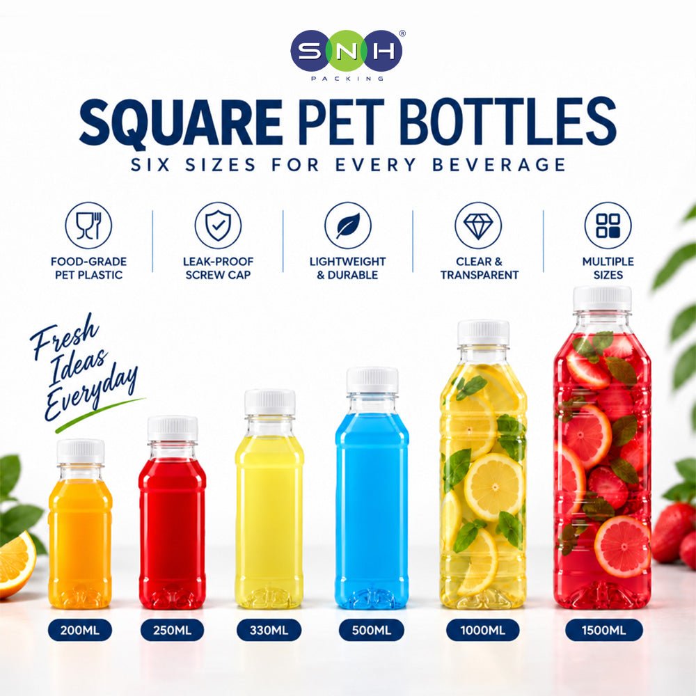 Square PET Bottles with Caps 200ML to 1500ML - SNH Packing