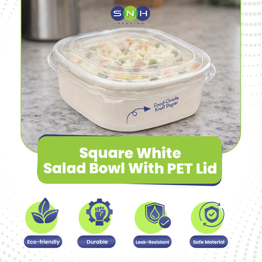 Square white salad bowl with PET lid on a countertop, featuring SNH branding.