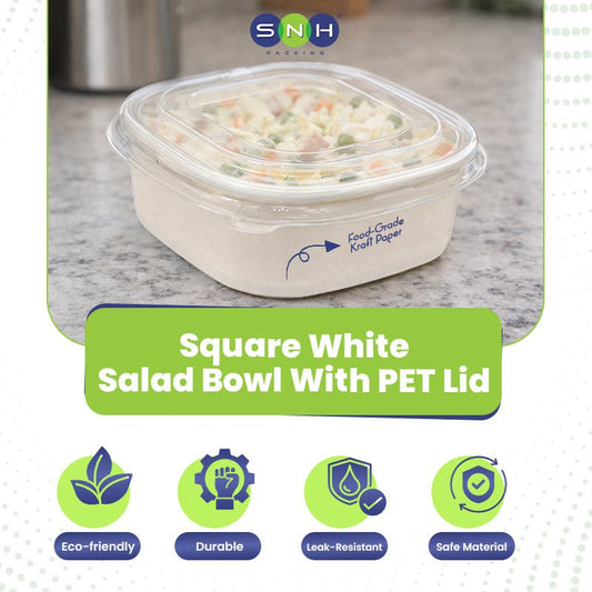 Square White Salad Bowl with PET Lid 400ml to 1200ml - SNH Packing