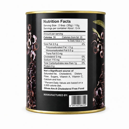 Back view of a black canister of olive oil with gold metal rims, showing the detailed Nutrition Facts label and illustrations of whole olives