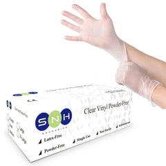 Box of clear vinyl gloves with a hand wearing a glove, on a white background