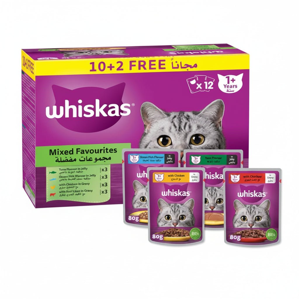 Whiskas Mixed Favourites Wet Cat Food 10+2 Multipack - 12X80G - SNH Packing