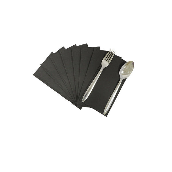 A fan-like spread of black premium airlaid napkins with a fork and spoon placed on top, against a white background.