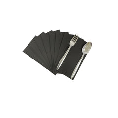 A fan-like spread of black premium airlaid napkins with a fork and spoon placed on top, against a white background.